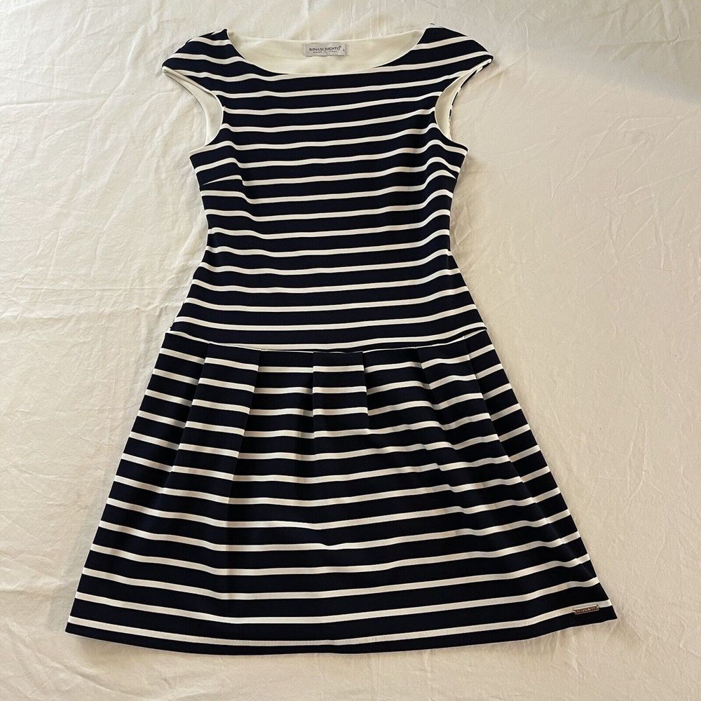 Rinascimento Women's Midi Dress Size Large Made In Italy Stripped Blue & White